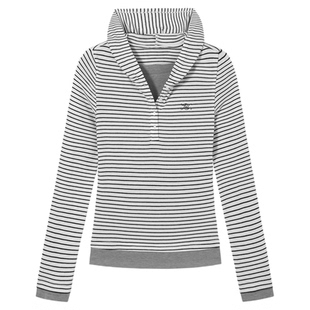 PSO Brand女装假两件撞色条纹连帽女士长袖上衣休闲黑色修身t恤