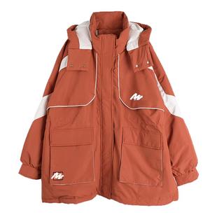 300斤胖莹莹大码女装胖mm撞色韩版减龄派克服休闲短款连帽羽绒服