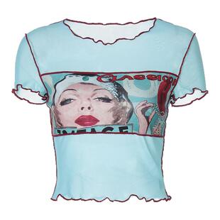 美式古着感鬼马少女多巴胺印花撞色网纱正肩短袖辣妹修身显瘦T恤
