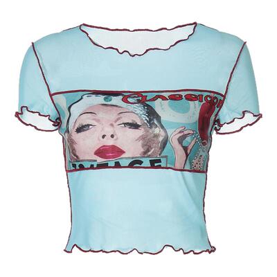 多巴胺印花撞色网纱正肩短袖