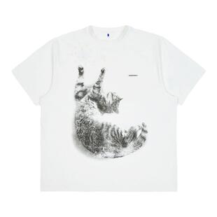 ADERERROR Pet Blue cat T恤01条纹猫咪印画宽松T恤