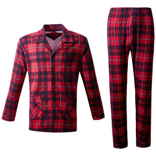 圆人睡衣男春秋季纯棉长袖红色结婚本命年开衫格子2025家居服套装