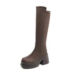 真皮10cm增高跟长靴女显瘦2025秋新款小个子粗跟不过膝高筒骑士靴