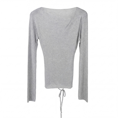 NOON法式斜领坑条纹系带针织衫