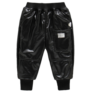 男童加绒夹棉皮裤秋冬款男宝黑色保暖外穿防风裤儿童冬季加厚棉裤