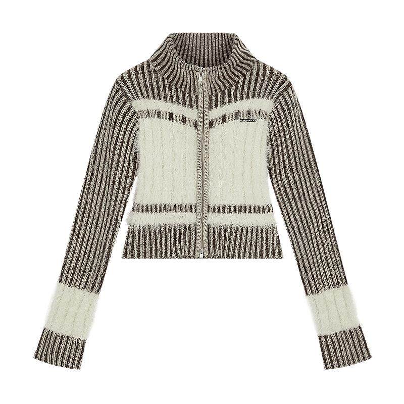 SLY 24冬季新品撞色软糯直筒立领拉链针织开衫女030HAR70-4861