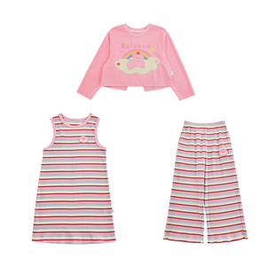 幼悠女童云朵熊条纹系列春季炫色彩条针织裤无袖背心长裙多件套潮