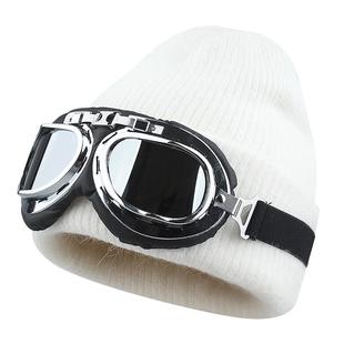 ROUIIEFAO护目眼镜针织滑雪帽子女冬季保暖毛线帽飞行员护耳帽男