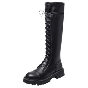 长筒靴女2025秋冬季新款显瘦绑带马丁靴不过膝皮靴厚底高筒骑士靴