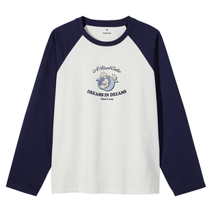 热风女士长袖T恤学院风插肩袖上衣2026年春季新款卡通图案棉感T恤