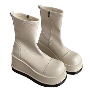 小众辣妹圆头瘦瘦靴2026新款小个子演唱会战靴厚底增高无坡度短靴