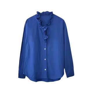 好在 印象收藏家 小个子巴洛克复古波浪荷叶领肌理长绒棉蓝衬衫
