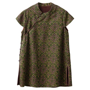 一丝牵 国风花萝香云纱真丝奥黛中长款上衣100%桑蚕丝印花立领T恤