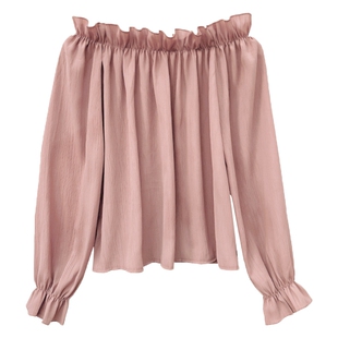 一字肩上衣女夏季法式锁骨长袖小衫露肩宽松遮肚子雪纺衫大码胖mm