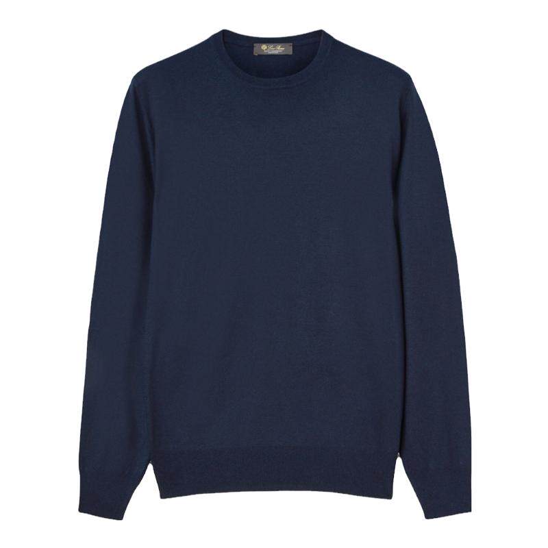Loro Piana/诺悠翩雅男装深蓝色山羊绒圆领长袖休闲针织毛衣