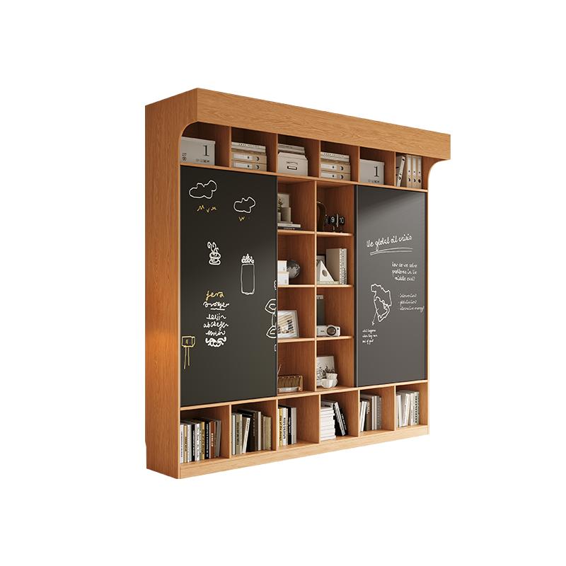 橡木定制书柜书架一体客厅满墙全实木儿童书房推拉门黑板投影柜子