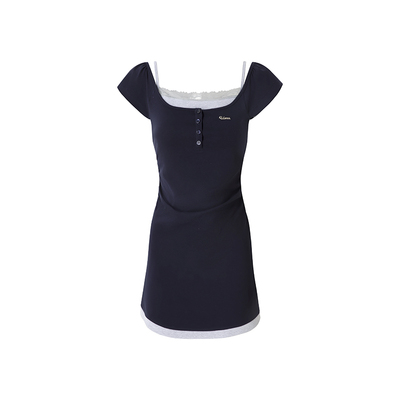 Uena藏青色花边方领连衣裙