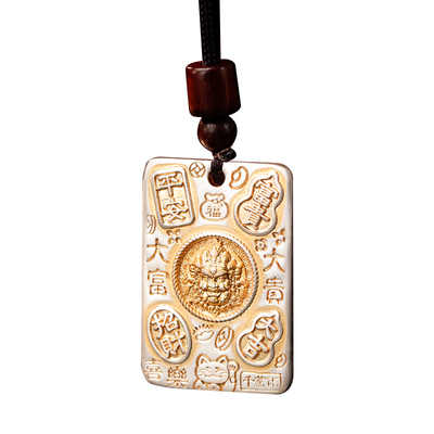 足银999描金黄财神吉言吊坠男士纯银古法实心平安无事牌挂坠项链