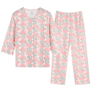 AB内衣纯棉七分袖开衫长裤套装女夏季薄奶奶妈妈夏装空调服老人装