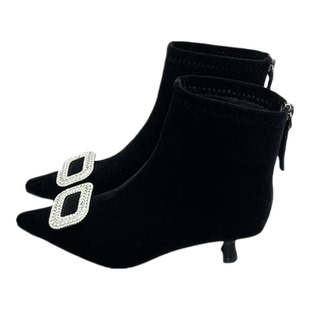 水钻方扣洋气绒面短靴女2025年冬季新款尖头细高跟短筒加绒瘦瘦靴