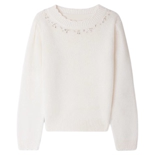 法国小樱桃女童秋冬毛衣白色套头带钻重工轻奢高级甜美针织衫