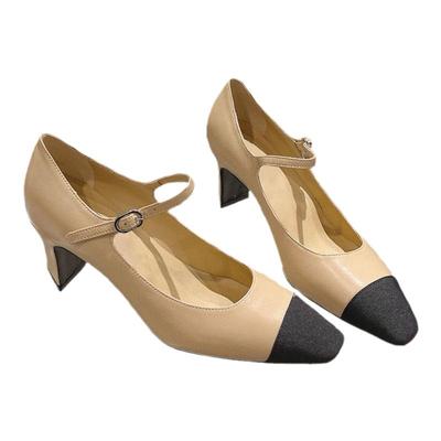 法式复古小香风拼色玛丽珍高跟鞋