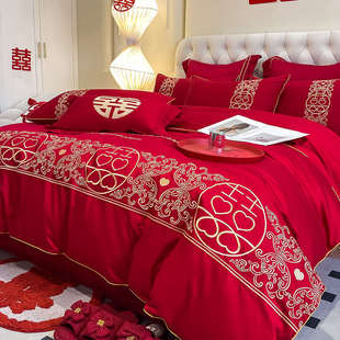 高级感纯棉婚庆四件套红色结婚刺绣被套床单婚礼喜被床上用品婚嫁