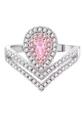 莫桑戒指梨形粉钻水滴双层戒壁