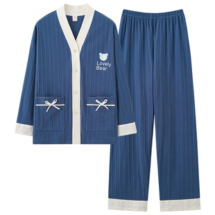 睡衣情侣秋季长袖和服开衫纯棉休闲宽松韩版男女生清新家居服套装