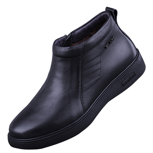 外贸加绒保暖皮鞋男士加厚棉鞋真皮休闲高帮鞋一脚蹬头层牛皮男鞋