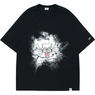 周深同款GUUKA黑色廓形短袖男重磅新款潮美式夜光猫咪t恤上衣宽松