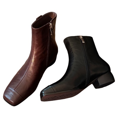 短靴女2025冬季新款粗跟中跟鞋方头真皮靴子时尚切尔西2630-5552