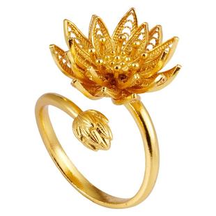 非遗宫廷花丝银戒指古法银鎏金莲花戒指新中式古法荷花可调节指环