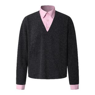 DIMC美式假两件拼色polo领针织长袖春秋季cleanfit内搭毛衣男女