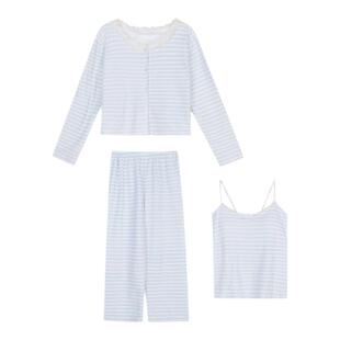 馨帮帮Homedress 秋款德绒条纹吊带睡衣女三件套舒适外穿家居服