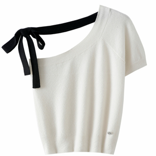 纯欲！俘获人心~斜肩设计100%纯山羊绒衫女短袖针织衫纯羊绒毛衣