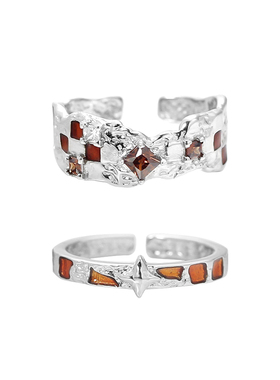 棋盘格情侣对戒S925纯银高级感