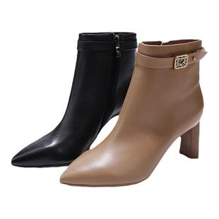 GNC法式尖头短靴及踝靴女2025冬季新款羊皮性感粗高跟舒适时装靴