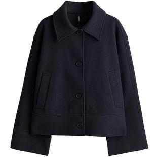 HM女装短外套冬季休闲简约时尚宽松有领毛毡外套1228436