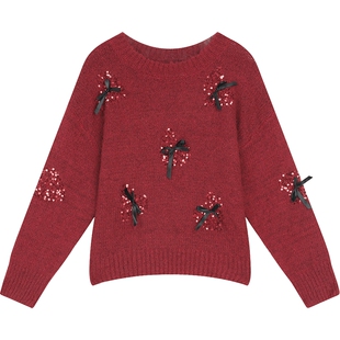妖精的口袋爱心蝴蝶结红色毛衣女2026冬季新款慵懒显瘦氛围感上衣