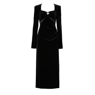 DPLAY年春季新款法式气质黑色连衣裙女方领礼服长裙小黑裙