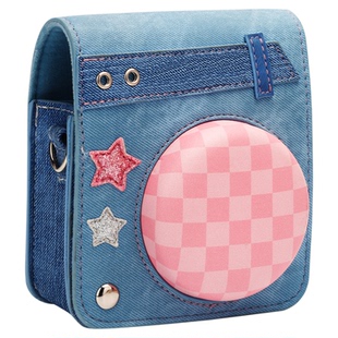 富士拍立得mini12/41牛仔帆布包拼接可爱粉色收纳袋配同色系肩带
