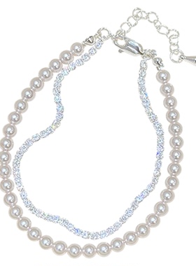 海蓝蓝可抽拉双层锆石珍珠手链