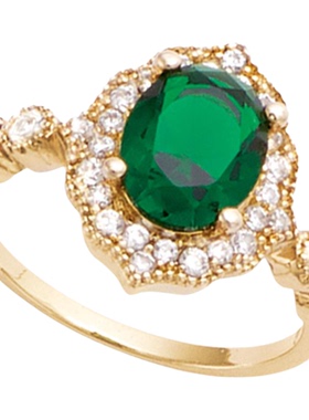 JFB法国进口复古祖母绿18K厚包金戒指耳钉项链法式复古珠宝感首饰