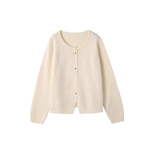 时然大码蝴蝶结针织开衫微胖mm冬季白色保暖毛衣女装内搭长袖上衣