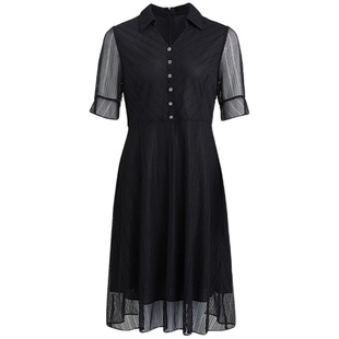 商场同款皮尔卡丹女装连衣裙夏季网纱百褶淑女短袖通勤A字裙