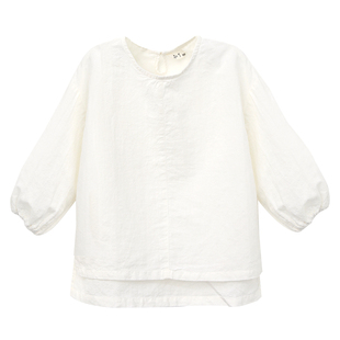知了童装 秋装儿童简约宽松圆领衫女童七分袖棉麻衬衫52182
