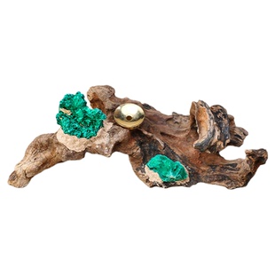 天然风化木香插孔雀石原石原木底座枯木香托摆件香插办公家居摆件