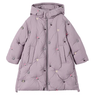允儿妈女童冬季杜邦三防90白鸭绒刺绣长款羽绒服儿童防风连帽外套