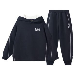 Lee kids儿童加绒连帽运动卫衣套装秋冬季新款宽松男童女童两件套
